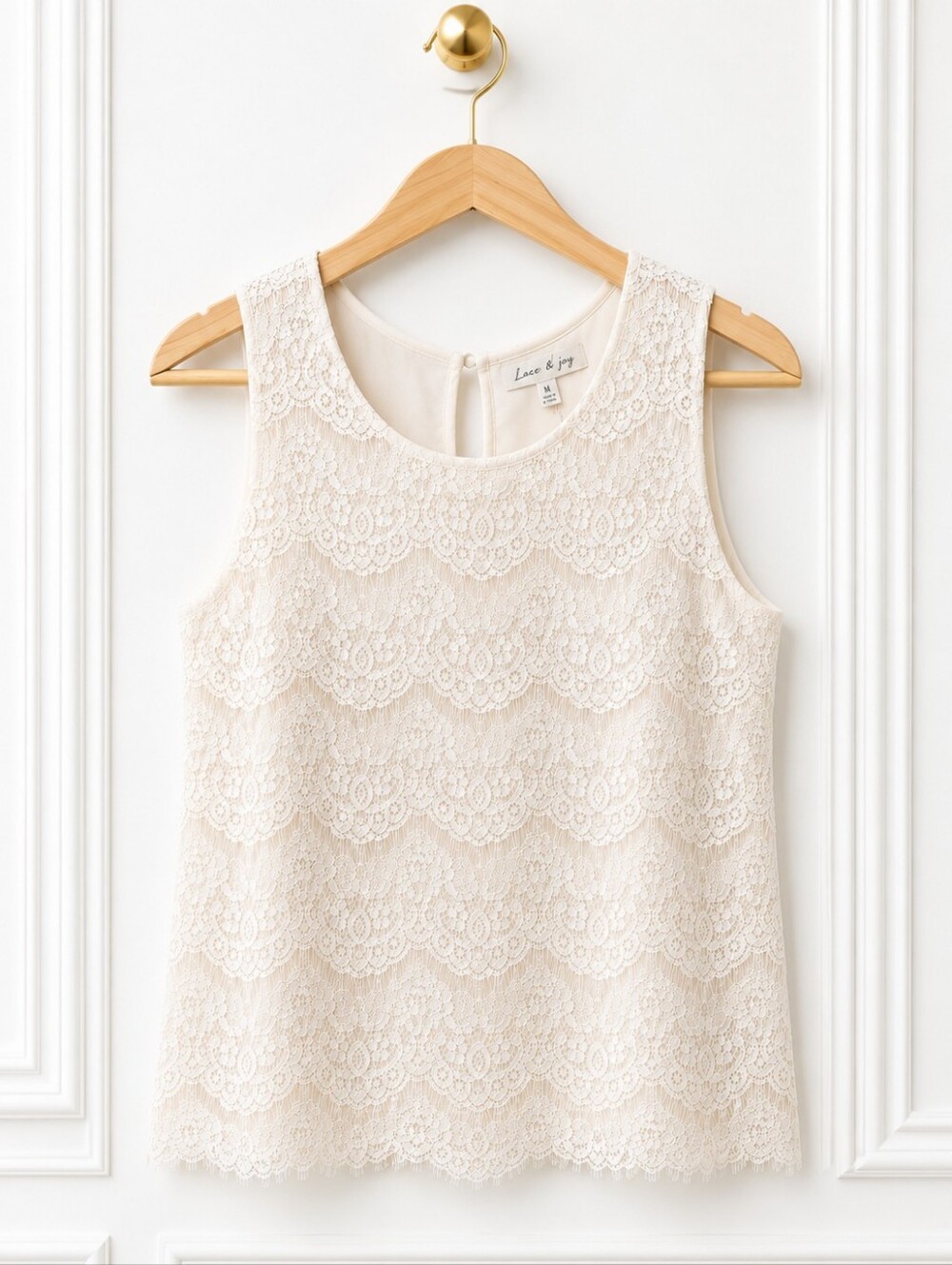 Faith & Joy Ivory Lined Lace Sleeveless Blouse Size XL | Romantic Feminine Top - Picture 6 of 10